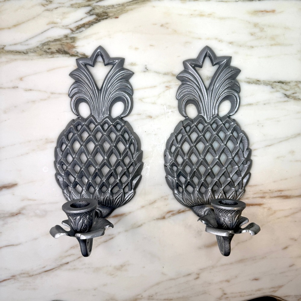 Vintage Pineapple Wall Sconces Pair Cast Iron Silver Candle Holders